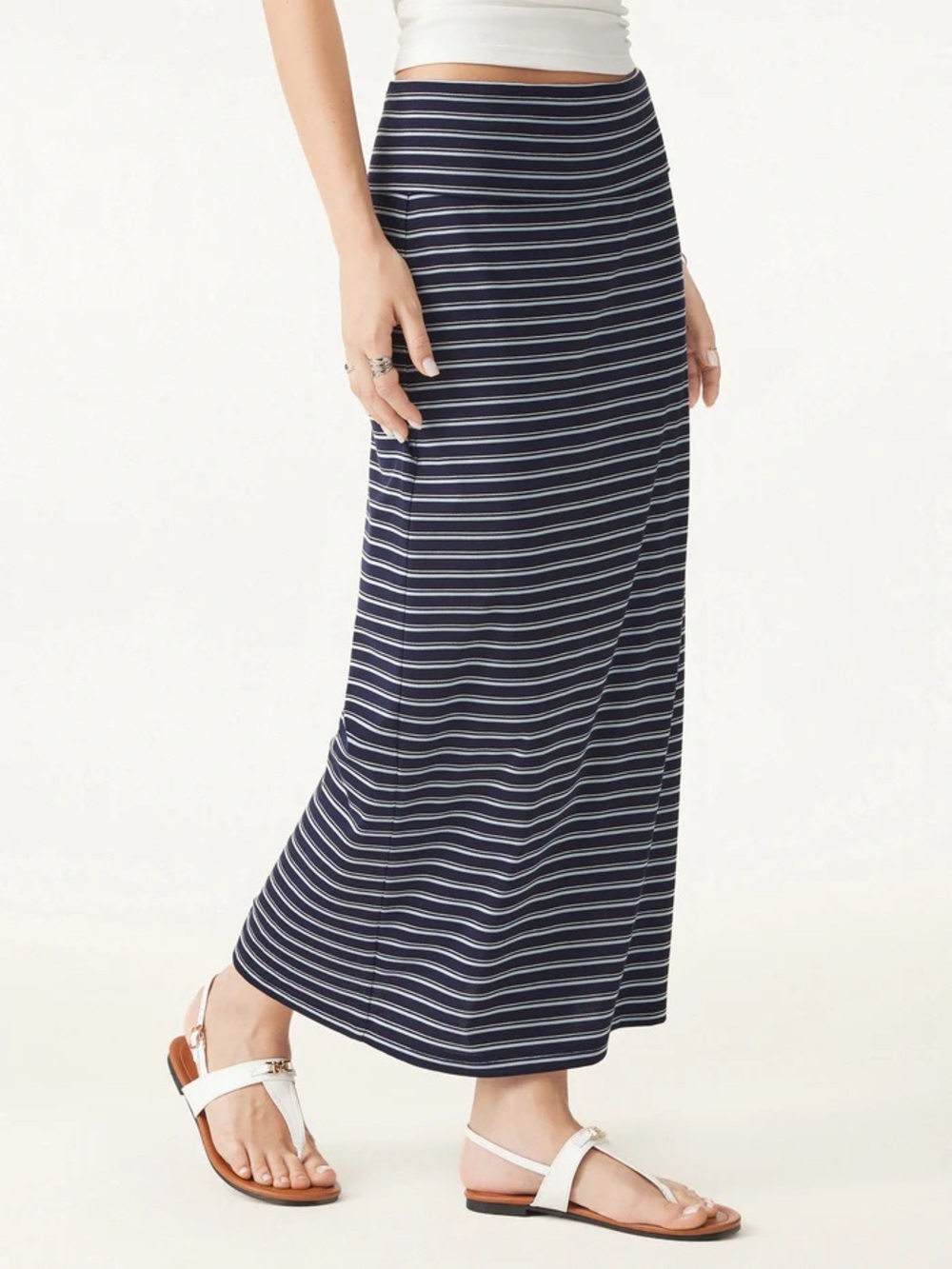 NWT Low Rise Folded Waist Striped Midi Skirt in white/maroon - Picture 5 of 6